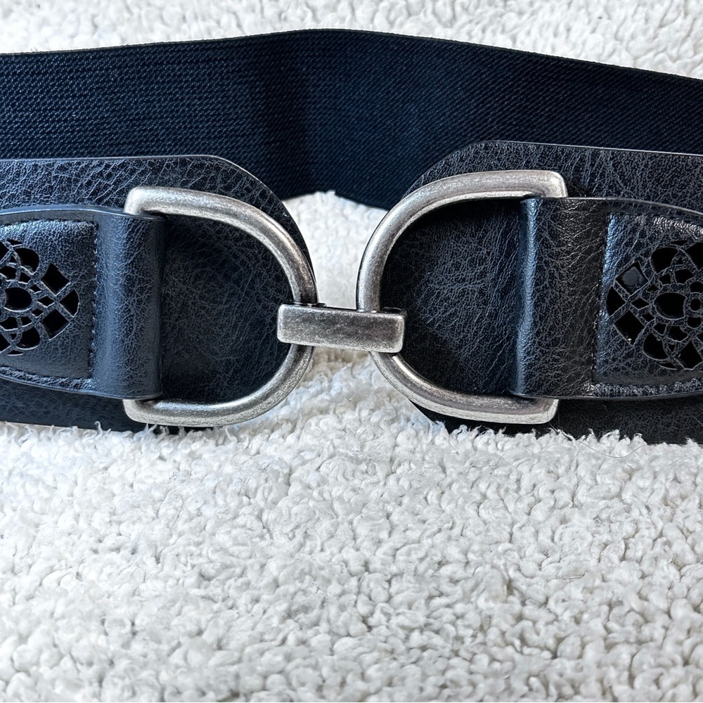 Women's Faux Leather Black Stretchy Wide Belt Chunky Buckle Elastic Wide Waist